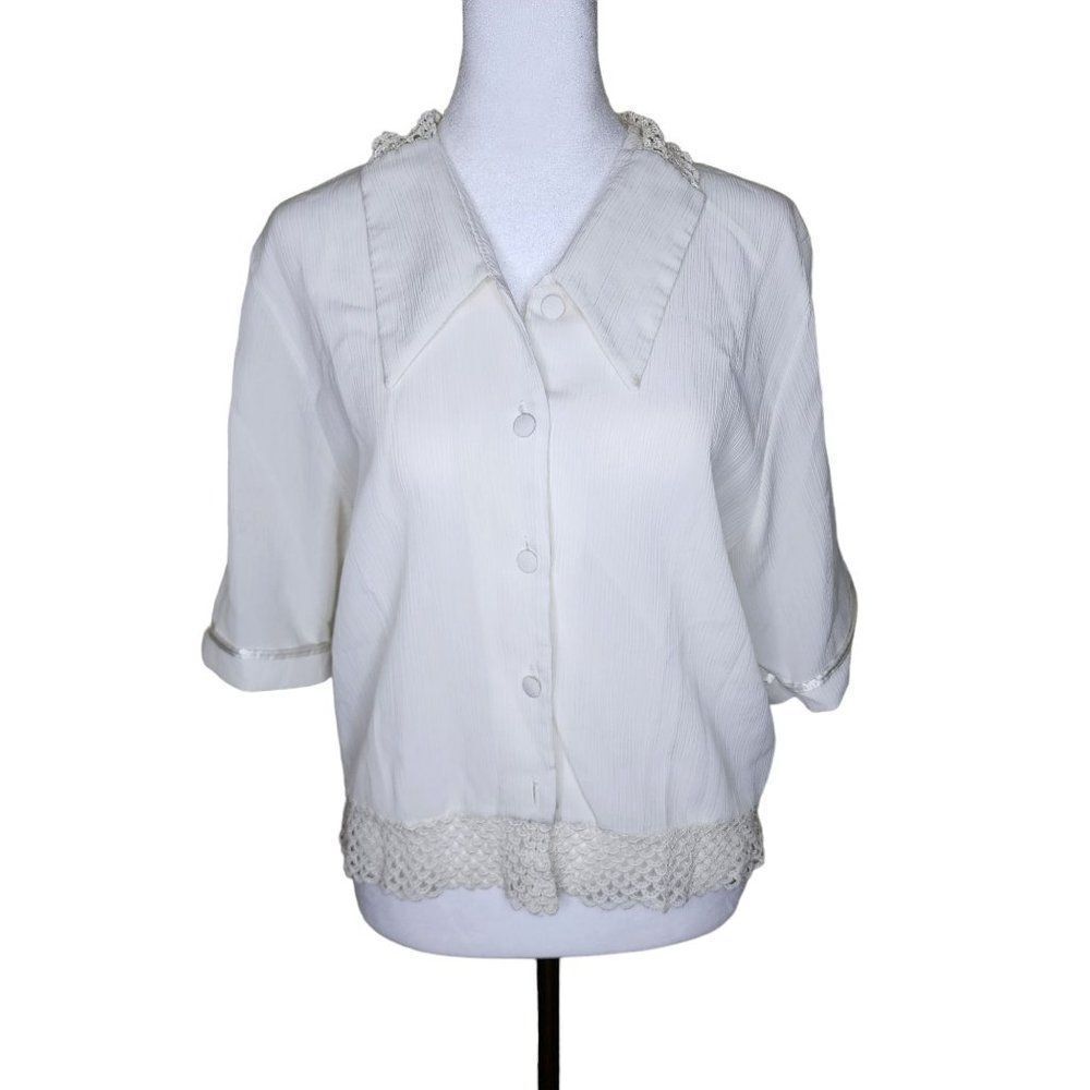 Vintage 70s Lace Collar 3/4 Sleeve Blouse Womens Size S White Preppie Academia